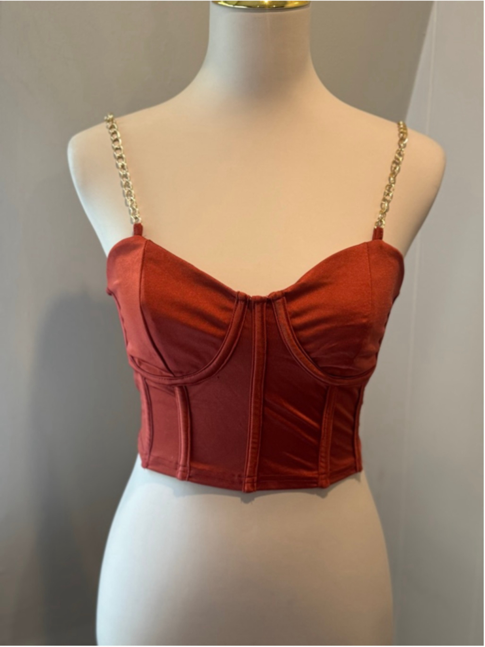 Rue21 Satin Corset‎ Crop Top Burnt Orange Chain Strap Bustier Size Small